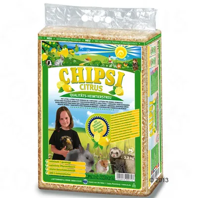 Chipsi Citrus качествена постелка за домашни любимци, 3,2 кг, с естествен аромат на лимон, обезпрашена и почистена, силно абсорбираща миризми, 100% компостируема, устойчиви растителни влакна.