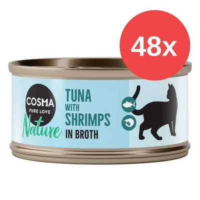Cosma Pure Love Nature, Thunfisch mit Garnelen in Brühe, 48x Dosen. Silhouette einer Katze und Icons für Fisch und Garnelen sichtbar.