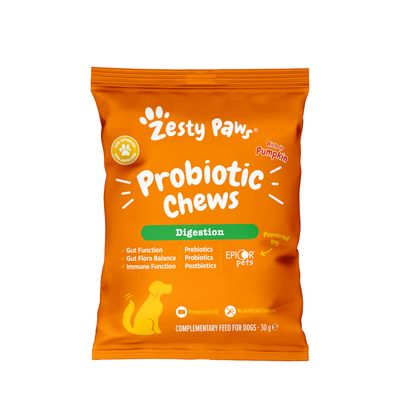 Probiotic Chews for digestion, rich in pumpkin. Supports gut function, gut flora balance, immune function. Contains prebiotics, probiotics, postbiotics. No artificial colours. 30g pack.