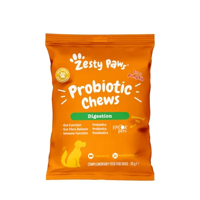 Probiotic Chews for digestion, rich in pumpkin. Supports gut function, gut flora balance, immune function. Contains prebiotics, probiotics, postbiotics. No artificial colours. 30g pack.