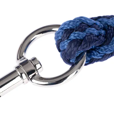 Close-up van een zilverkleurige metalen karabijnhaak, verbonden met een gevlochten touw van blauw nylon.