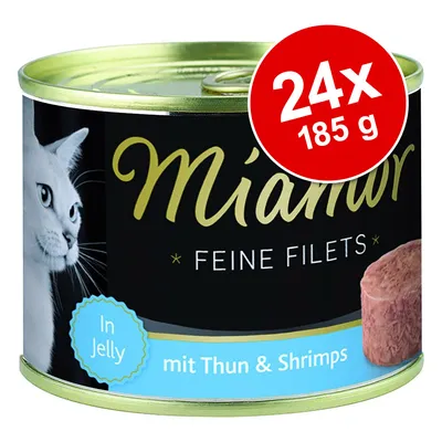 Miamor Feine Filets In Jelly mit Thun & Shrimps, balenie 24×185 g. Na etikete obrázok bielej mačky a kúsku krmiva.