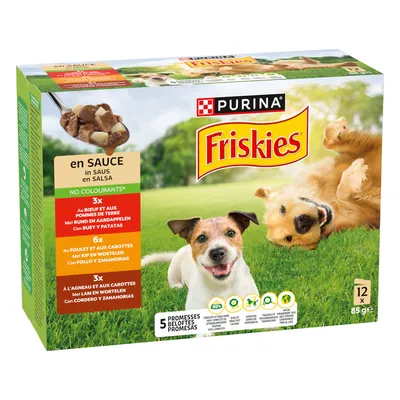Purina Friskies Nassfutter in Sauce, 12x85g. Sorten: Rind mit Kartoffeln, Huhn mit Karotten, Lamm mit Karotten. Ohne Farbstoffe, 100% ausgewogene Ernährung.