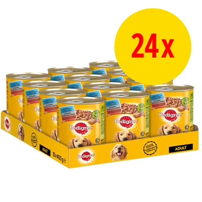 Lot de 24 boîtes de nourriture pour chien Pedigree Adult, 400 g chacune, emballage jaune avec photo de chien et logo Pedigree visibles sur chaque boîte.