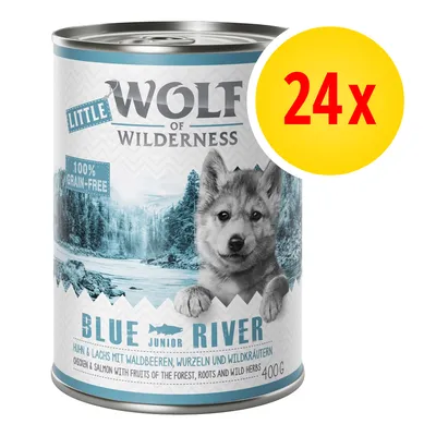 Wolf of Wilderness Little Blue River, 100% grain-free, 24x400 g. Kurczak i łosoś z owocami leśnymi, korzeniami i ziołami. Opis w języku niemieckim i angielskim na etykiecie.