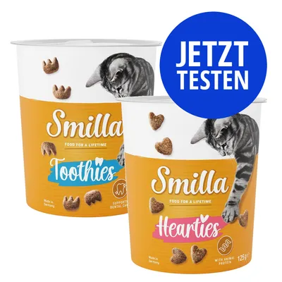 Smilla Toothies und Smilla Hearties, Katzensnacks in 125g Dosen. Mit Tierprotein, unterstützt Zahnpflege. Made in Germany. Jetzt testen.