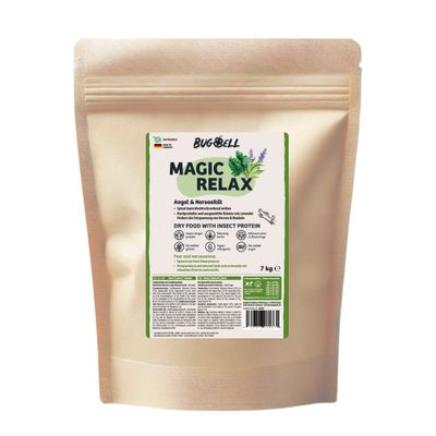 BugBell Magic Relax dry food, 800g. With spinach and lavender to relax nerves and muscles. No sugar, gluten, artificial flavours. Made in Germany, sustainable.