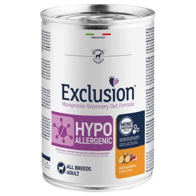 Exclusion Hypoallergenic Monoprotein Veterinary Diet Formula, vyrobeno v Itálii, kachna a brambor, pro všechna plemena a dospělé psy, podpora při potravinové nesnášenlivosti.