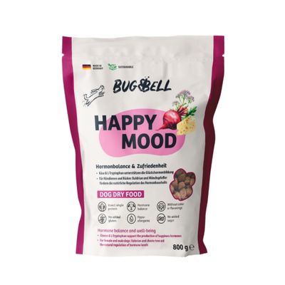 BugBell Happy Mood Trockenfutter für Hunde, 800g. Unterstützt Hormonhaushalt und Zufriedenheit mit Baldrian, Mönchspfeffer und Käse. Made in Germany, nachhaltig, ohne Zucker oder Farbstoffe.