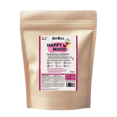 BugBell Happy Mood Trockenfutter für Hunde, 800g. Unterstützt Hormonhaushalt und Zufriedenheit mit Baldrian, Mönchspfeffer und Käse. Made in Germany, nachhaltig, ohne Zucker oder Farbstoffe.