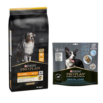 PURINA PRO PLAN 12 / 14 kg + friandises Dental Care Medium 345 g offertes ! All Sizes Adult Light/Sterilised (14 kg)