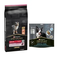 PURINA PRO PLAN Puppy 12 kg + passender Snack gratis! - Medium Sensitive Skin + Dental Care Medium Dog 345 g