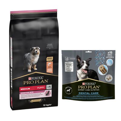12 kg of 14 kg Pro Plan droogvoer voor honden + 345 g/426 g Pro Plan Dental Care hondensnack gratis! Medium Puppy Sensitive Skin 12 kg