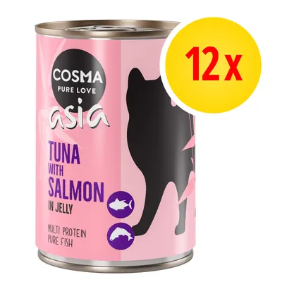 Cosma Asia Tuna with Salmon in Jelly, Multi Protein Pure Fish, 12 x. Opakowanie puszki z widocznym napisem i sylwetką kota na różowym tle.