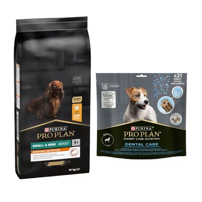 PURINA PRO PLAN 12 / 14 kg + friandises Dental Care 345 g ou 426 g offertes ! Small & Mini Adult Everyday Nutrition (14 kg) + Dental Care pour petit chien (7-12 kg)(345 g)