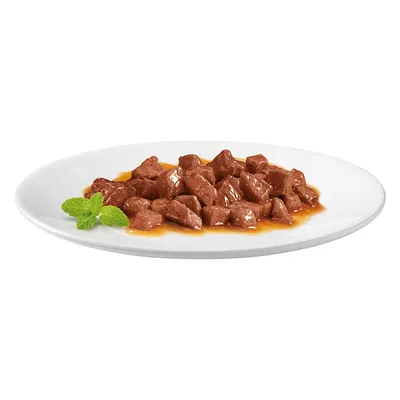 Nahaufnahme von Fleischstücken in Sosse auf einem weissen Teller, dekoriert mit frischen Minzblättern.