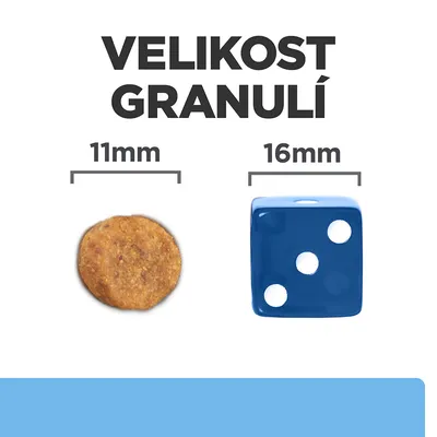 Porovnanie veľkosti granule 11 mm a modrej kocky 16 mm, nadpis v češtine: VELIKOST GRANULÍ.
