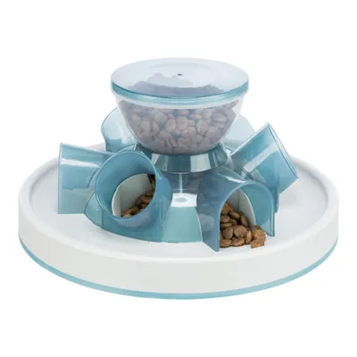 Feeder with transparent container and blue tubes, filled with dry food. Slow feeding design. Feeder with transparent container and blue tubes, filled with dry food. Slow feeding design.