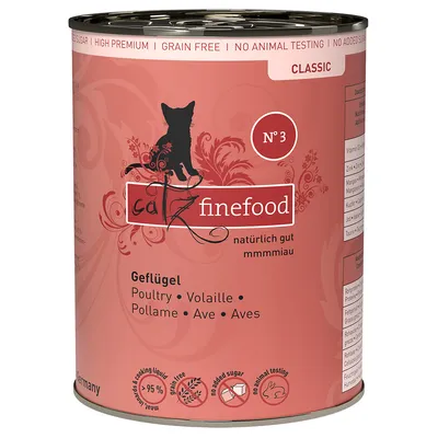 Catz Finefood Classic Nr. 3, perutnina, naravno dobro, brez žit, brez dodanega sladkorja, brez testiranja na živalih, 95 % mesa in kuhalne tekočine.