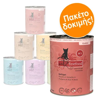 Πακέτο δοκιμής κονσερβών catz finefood Classic για γάτες, ορατές ποικιλίες: Geflügel, Wild, Rind & Kalb, Hering & Shrimps, Lamm & Kaninchen. Ετικέτα: Πακέτο δοκιμής!