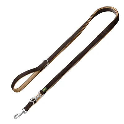Braune Hundeleine mit Metallkarabiner und D-Ring, gepolsterte Schlaufe für Komfort.