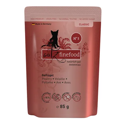 Sachet Catz Finefood Classic N°3, volaille, 85 g. Made in Germany. Sans céréales, sans tests sur animaux, sans sucre ajouté. Texte en allemand et anglais visible.