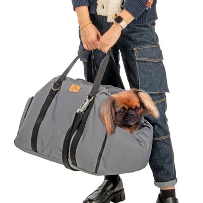 Borsa grigia con manici neri e un cane che guarda fuori dalla borsa. Adatta al trasporto di pet.