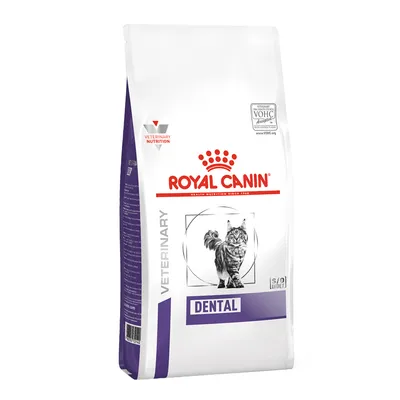 Royal Canin Veterinary Dental kattenvoer, afbeelding van kat op de verpakking, VOHC Accepted keurmerk zichtbaar, witte en paarse zak met rode merknaam.