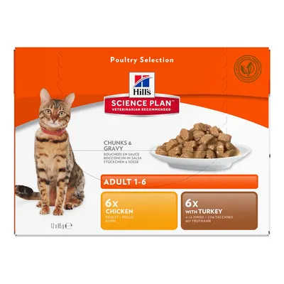 Hill's Science Plan Adult 1-6, výber hydiny, kúsky v omáčke. 6x kuracie, 6x morčacie, 12x85g. Pre mačky vo veku 1 až 6 rokov.