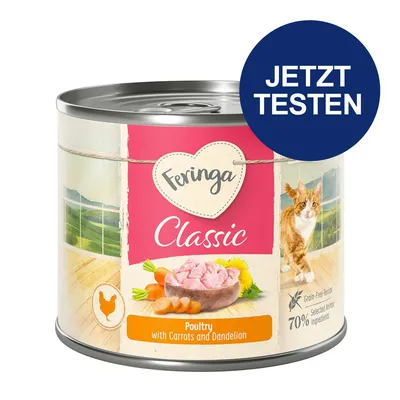 Feringa Classic Nassfutter für Katzen, Geflügel mit Karotten und Löwenzahn. Rezept ohne Getreide, 70% ausgewählte tierische Zutaten. Jetzt testen.