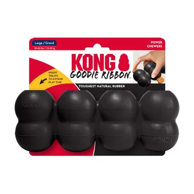 KONG Goodie Ribbon, Large/Grand, для сильных жевателей. Прочный натуральный каучук. Для лакомств. Вес: 30-65 фунтов / 13-30 кг.