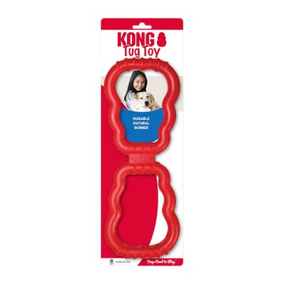 Jouet KONG Tug Toy en caoutchouc naturel durable, emballage avec un chien visible et texte anglais « Durable Natural Rubber ». Marquages : Made in USA, Dogs Need to Play.