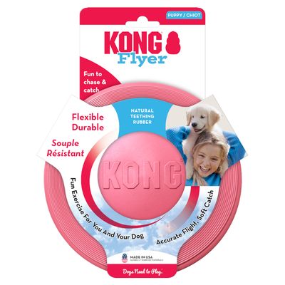 KONG Flyer per cuccioli. Flessibile, resistente, in gomma naturale per la dentizione. Divertente per prendere e riportare. Prodotto negli USA. Volo preciso, presa morbida.