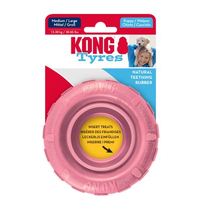 KONG Tyres pour chiots, caoutchouc naturel à mâcher, taille Medium/Large 13–30 kg, texte visible : Insérer des friandises. Couleur rose.