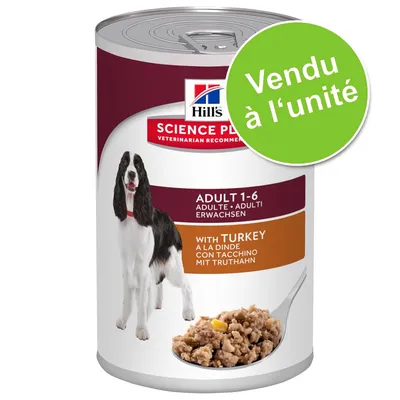 Hill's Science Plan Adult 1-6 with Turkey, boîte pour chien adulte, texte 'Vendu à l'unité' sur pastille verte, image de pâtée et d'un chien sur l'emballage.