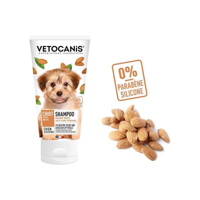 Vetocanis Shampoo für Welpen mit süßer Mandel, pH-neutral, ohne Parabene und Silikone. Abbildung von Mandeln.