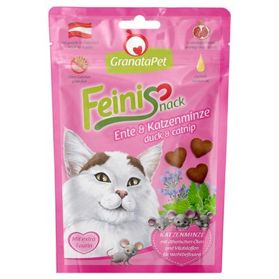 GranataPet Feinis Snack Ente & Katzenminze, ohne Getreide, mit extra Taurin, Granatapfelkerne, Lachsöl, ätherische Öle und Vitalstoffe für Wohlbefinden. Hergestellt in Österreich.