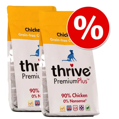 Thrive PremiumPlus Katzenfutter, 90% Huhn, getreidefrei, 0% Nonsense. Zwei Packungen mit Rabatt-Symbol in Rot und Weiß.