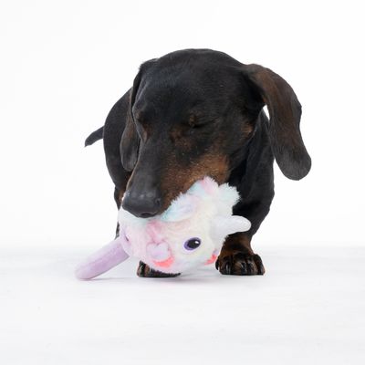 Câine care se joacă cu o jucărie de pluș în formă de narval, în culori roz și alb.