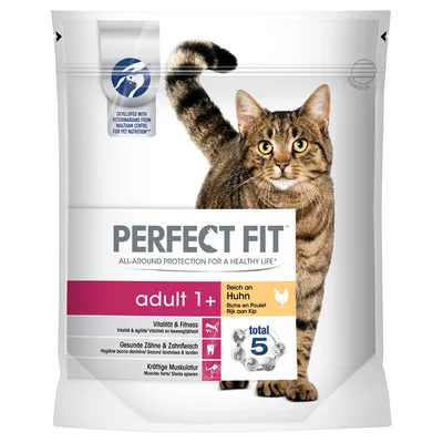 PERFECT FIT adult 1+, Reich an Huhn, Vitalität & Fitness, Gesunde Zähne & Zahnfleisch, Kräftige Muskulatur, total 5. Obal s obrázkem kočky.