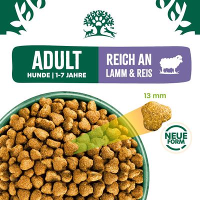 ADULT Hunde 1-7 Jahre, reich an Lamm & Reis, neue Form, Kroketten 13 mm Durchmesser.