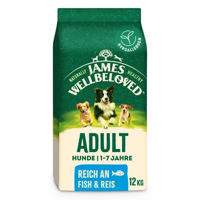 James Wellbeloved Adult hundfoder, hypoallergen, för hundar 1–7 år, rik på fisk och ris, 12 kg förpackning.