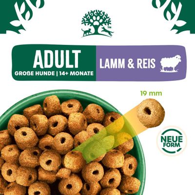 ADULT Lamm & Reis, große Hunde ab 14 Monate, neue Form, Kroketten mit 19 mm Durchmesser.