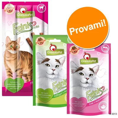 GranataPet Feinis sticks e snack per gatti, confezioni con immagini di gatti. Testo visibile: 'Provami!', 'Mit Taurin, Granatapfelkernen und Lachsöl', 'Ente & Katzenminze'. GranataPet Feinis sticks e snack per gatti, confezioni con immagini di gatti. Testo visibile: 'Provami!', 'Mit Taurin, Granatapfelkernen und Lachsöl', 'Ente & Katzenminze'.