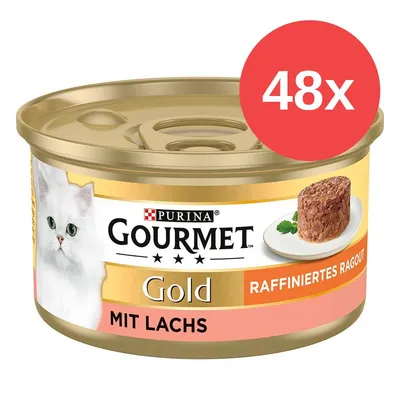 Purina Gourmet Gold Raffiniertes Ragout mit Lachs, 48x Dose. Abbildung einer weißen Katze und serviertem Ragout auf Teller. Purina Gourmet Gold Raffiniertes Ragout mit Lachs, 48x Dose. Abbildung einer weißen Katze und serviertem Ragout auf Teller.