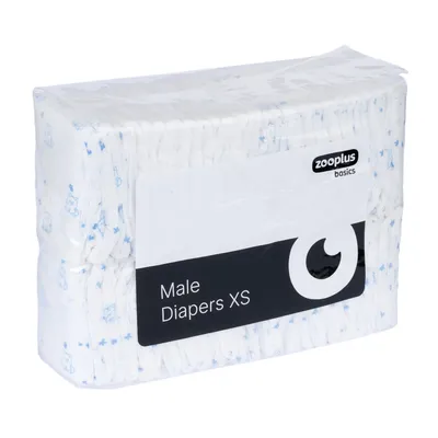 Zooplus basics Male Diapers XS, verpakking met witte luiers en blauwe patronen.