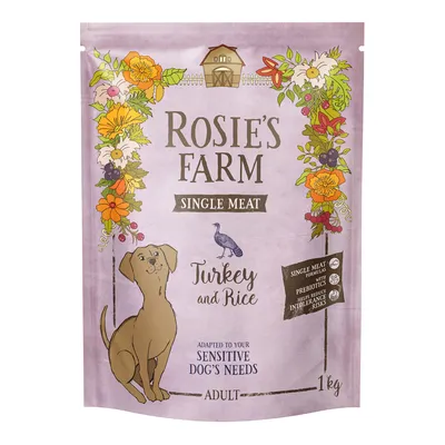 Rosie's Farm Single Meat Turkey and Rice, adapté aux besoins des chiens sensibles, adulte, 1 kg. Texte en anglais sur l'emballage.