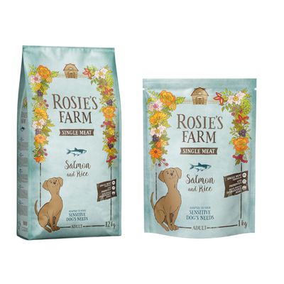 Rosie's Farm Single Meat lazac és rizs, érzékeny kutyák igényeihez igazítva. 1 kg felnőtt. Prebiotikummal az intolerancia kockázatának csökkentésére.