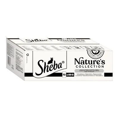 Sheba Nature's Collection, 72 x 85g, baromfiválogatás zselében. Újrahasznosítási szimbólum látható a csomagoláson.