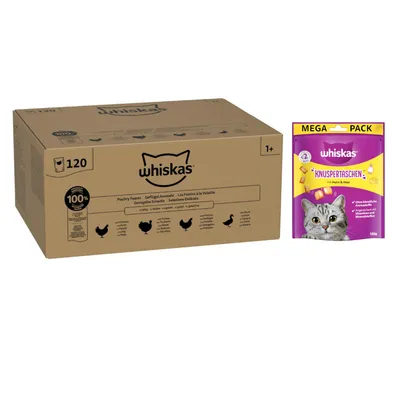 Whiskas Megapack Nassfutter + Knuspertaschen mit Huhn und Käse 180 g gratis! - Adult Geflügel Auswahl in Gelee 120 x 85 g Whiskas Megapack Nassfutter + Knuspertaschen mit Huhn und Käse 180 g gratis! - Adult Geflügel Auswahl in Gelee 120 x 85 g
